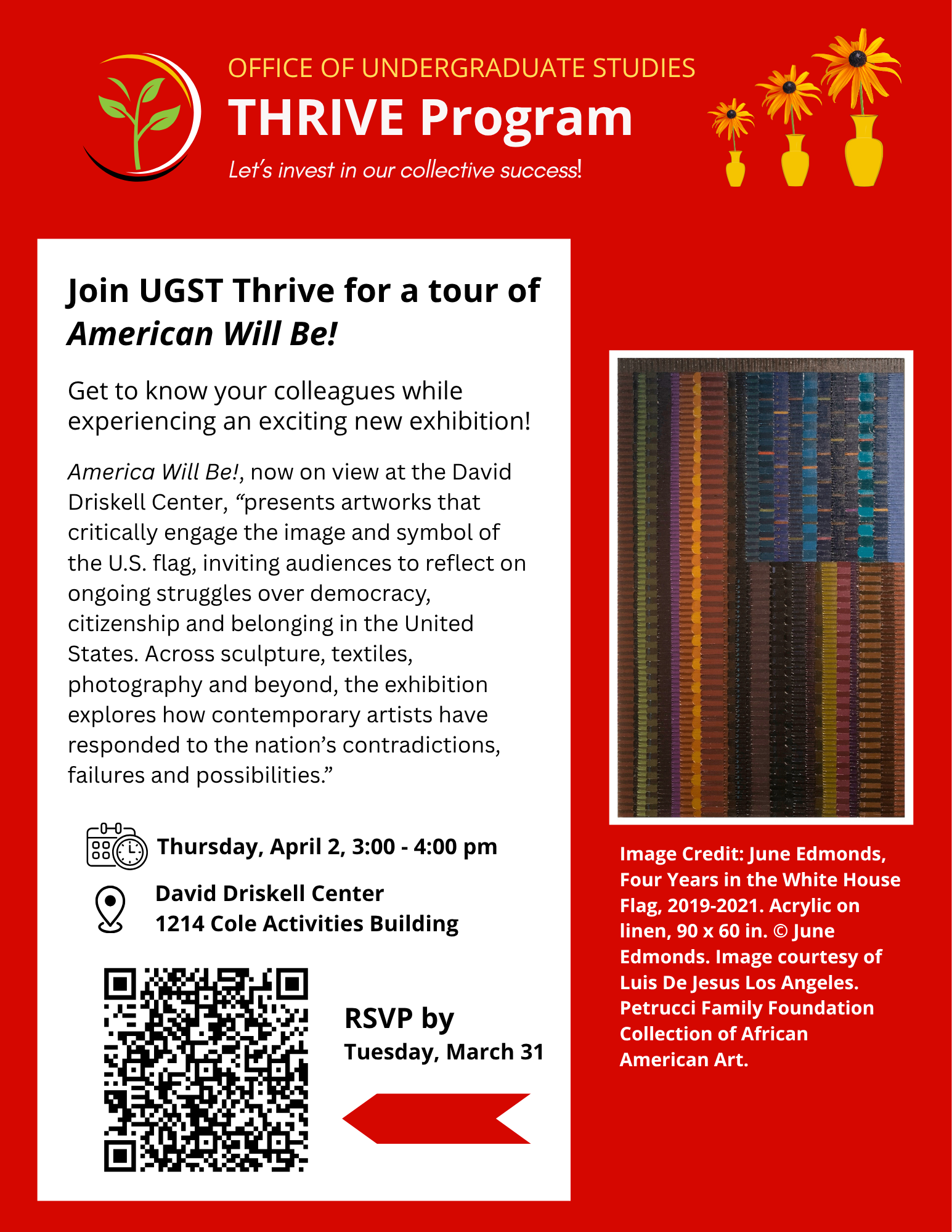 A tour of the David Driskell Center will be held on Thursday, April 2 at 3:00 p.m.