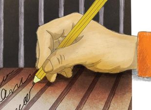 hand writing with prison bars in background