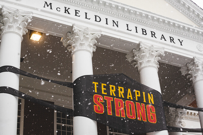 McKeldin Library with Terrapin Strong Mask with snow
