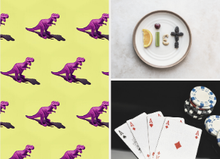 collage of laughter, cards, couple, dinosaur