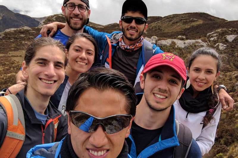 students in selfie on mountain