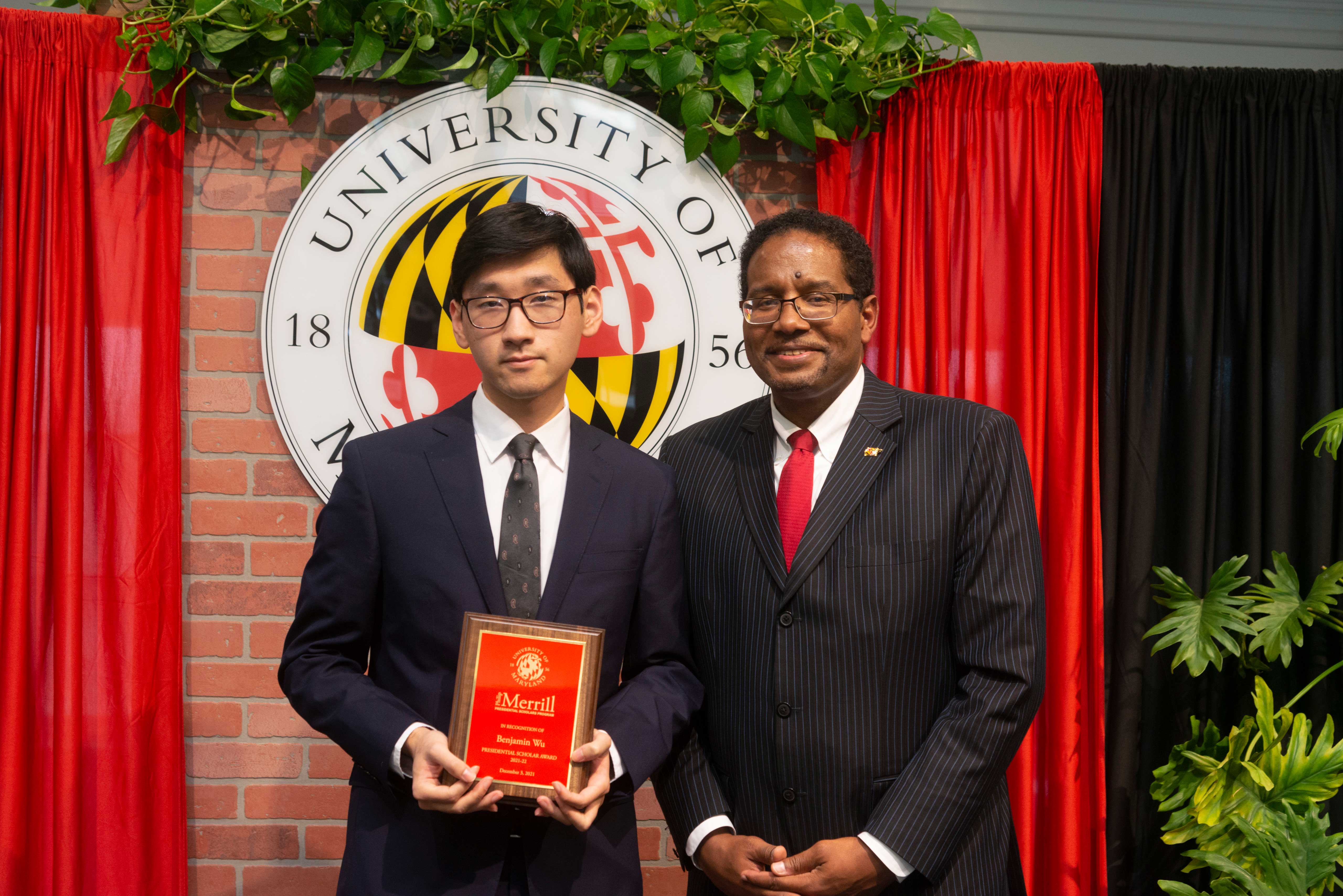 Merrill Scholar Benjamin Wu with President Pines